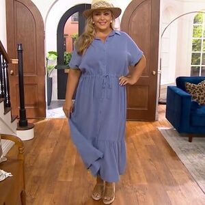 Side Stitch 100% Lyocell Tiered Maxi Shirt Dress with Short-Sleeves Blue SZ L